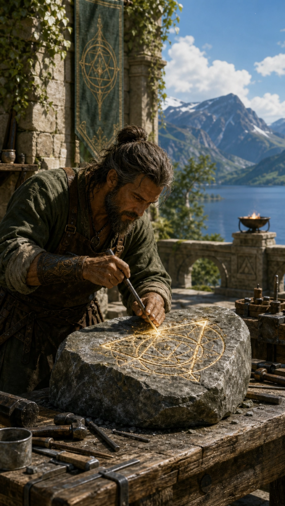 A stoic figure in a stone workshop carving a glowing geometric diamond from a rough piece of granite.