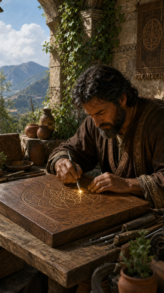 A person in a stone workshop carefully carving a geometric symbol into a wooden tablet.