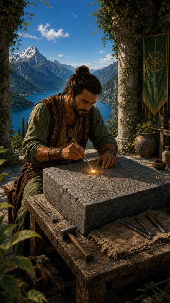 An intricate, painterly illustration of an ancient stonemason precisely carving a geometric foundation block on a stone courtyard overlooking a deep blue mountain lake under a clear daytime sky.