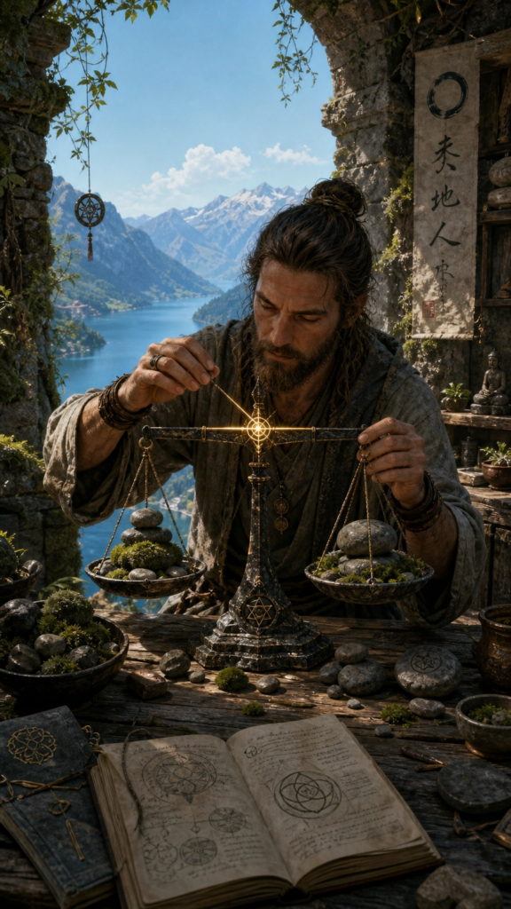 An intricate painterly illustration of a wise artisan sitting at a sturdy wooden table in a stone courtyard overlooking a deep blue mountain lake. The artisan is focused on carefully balancing a set of classic stone scales containing river rocks and fresh green moss.