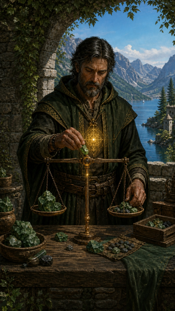 An intricate, painterly esoteric card style illustration of a focused alchemist standing at a heavy stone workbench in a courtyard overlooking a deep blue mountain lake, carefully weighing natural green crystals on balanced wooden scales.