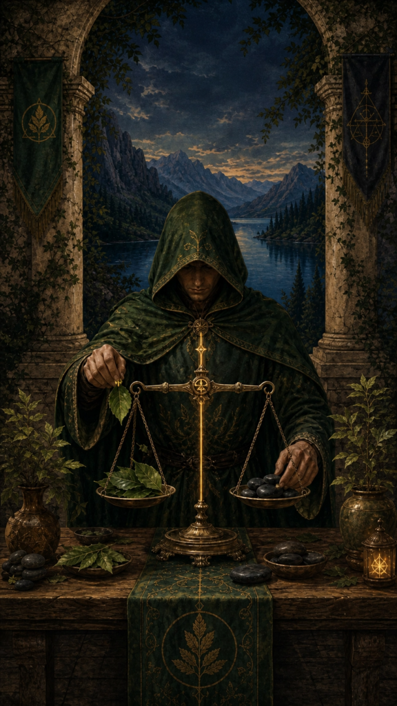 An intricate, painterly illustration of a cloaked figure standing at a heavy stone courtyard table, carefully balancing a brass scale filled with green leaves and dark river stones under a deep blue evening sky.