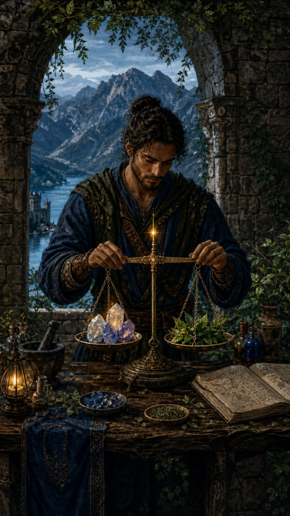 An intricate, painterly illustration of a solitary figure standing in a rustic, stone courtyard workshop surrounded by natural green foliage and deep blue water in the background, carefully adjusting an ornate wooden and stone balance scale to achieve perfect alignment.