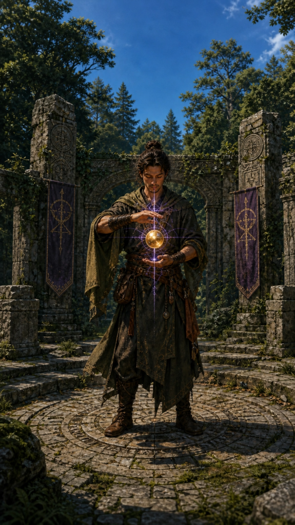 An intricate, painterly illustration of a figure standing on a stone courtyard overlooking a deep green forest. The figure holds a small, perfectly balanced golden sphere glowing with subtle violet light at the heart level. The scene is dominated by deep forest greens, earthy stone textures, and a soft blue morning sky.