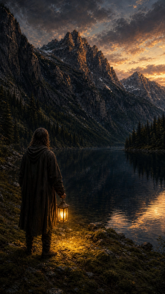 An intricate, painterly esoteric card illustration of a person standing at the edge of a deep blue alpine lake surrounded by dark green pine forests, holding a glowing golden lantern that casts soft light onto natural mossy stones.