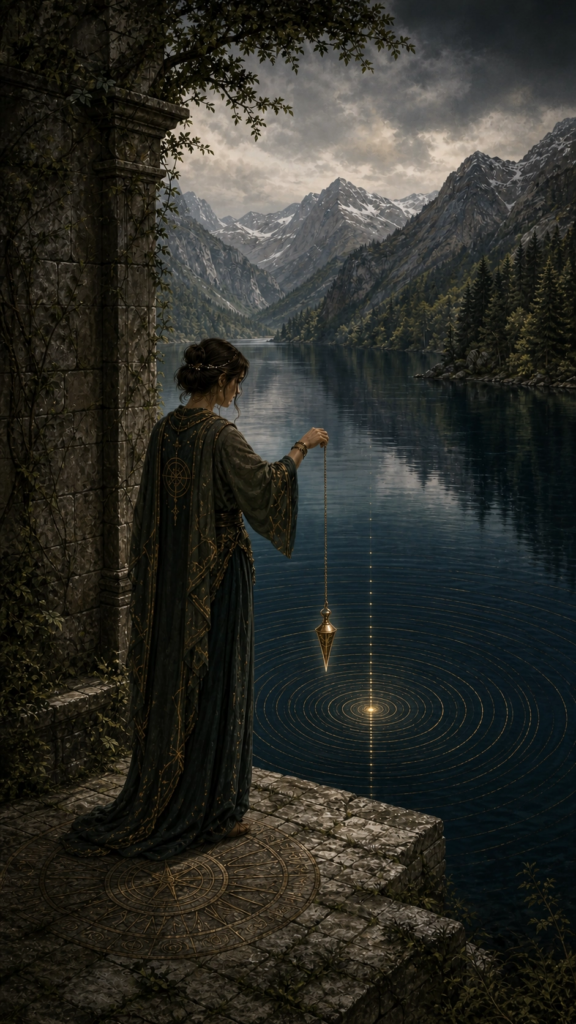 An intricate, painterly esoteric card illustration of a person standing on a stone jetty overlooking a deep blue, perfectly calm alpine lake. The person holds an antique brass pendulum perfectly still over the water, observing the expanding, flawless concentric ripples.
