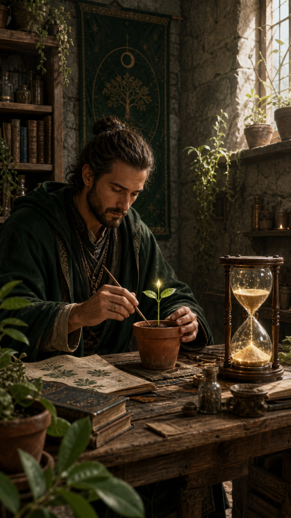 A person in a simple linen tunic sitting at a heavy oak table in a sunlit stone room, carefully tending to a single green sprout growing from a ceramic pot.