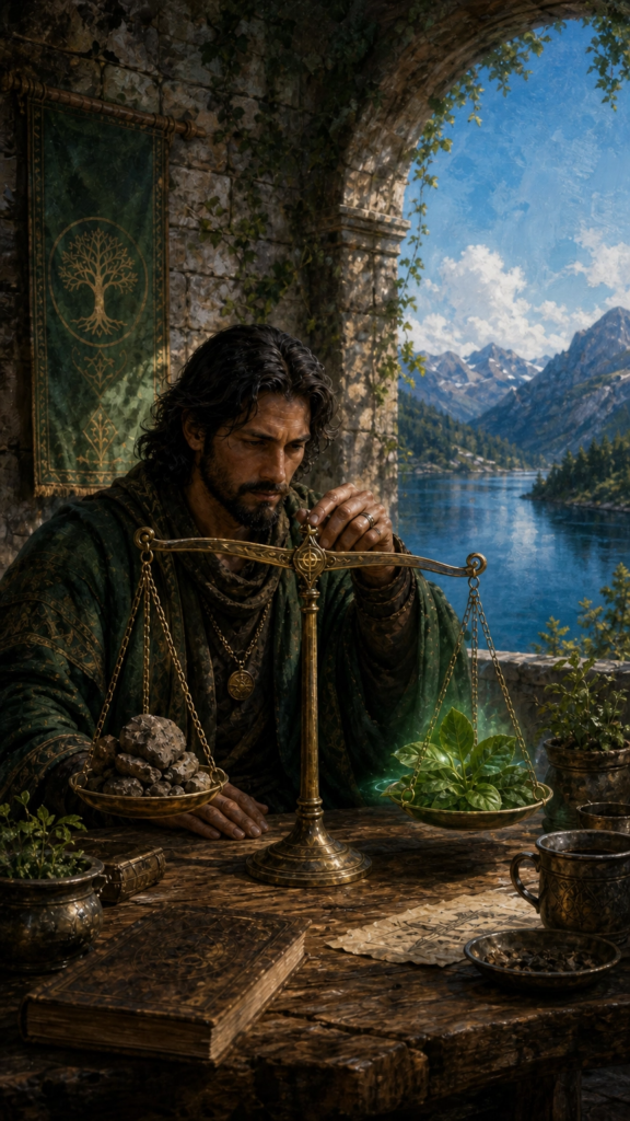 An intricate painterly illustration of an alchemist sitting at a rustic wooden table in a stone courtyard overlooking a deep blue mountain lake, precisely weighing natural stones and glowing green leaves on ancient bronze scales.
