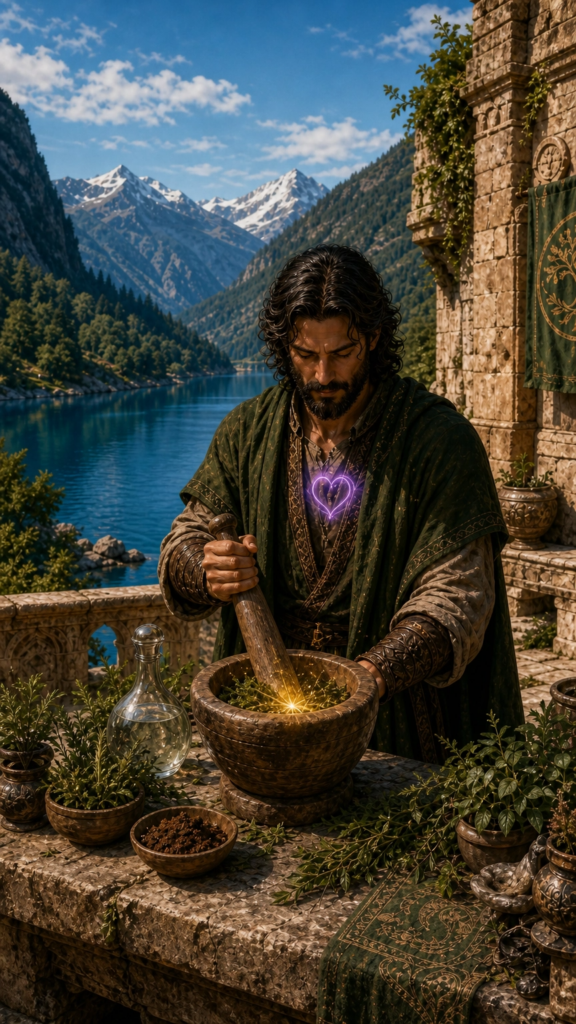 An intricate painterly illustration of an alchemist standing in a stone courtyard, carefully mixing natural elements into a glowing pottery vessel.