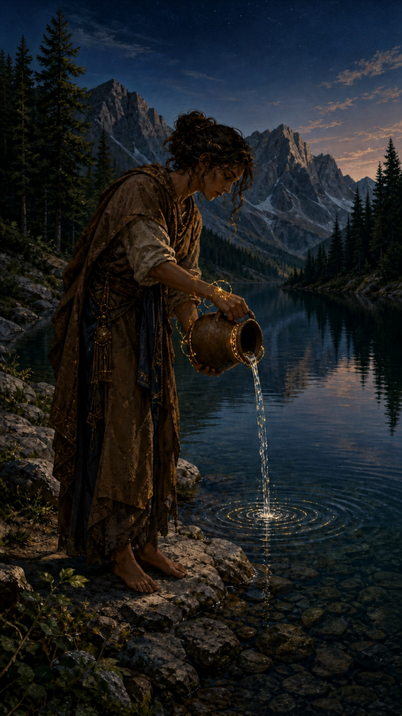 An intricate, painterly esoteric illustration of a person standing at the edge of a deep, calm alpine lake surrounded by dark green pine forests and towering slate-grey mountains under a twilight sky. The figure is carefully pouring clear water from an earthenware jar back into the lake, creating gentle, glowing ripples. Subtle, faint gold accents shimmer softly around the figure's hands and the mouth of the jar, highlighting the deliberate action.