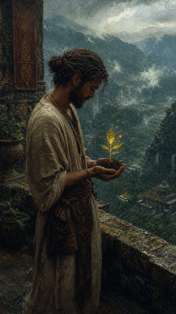 A painterly illustration of a person standing at a stone balcony overlooking a deep green valley and mist-covered mountains, holding a small, sprouting seedling in their hands.