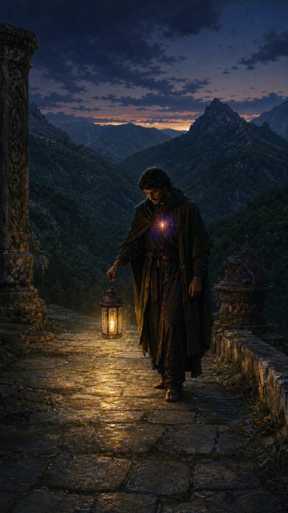 An intricate painterly illustration of a solitary figure standing firmly on a stone courtyard overlooking a deep mountain range, holding a glowing lantern low to the ground to illuminate a pathway.