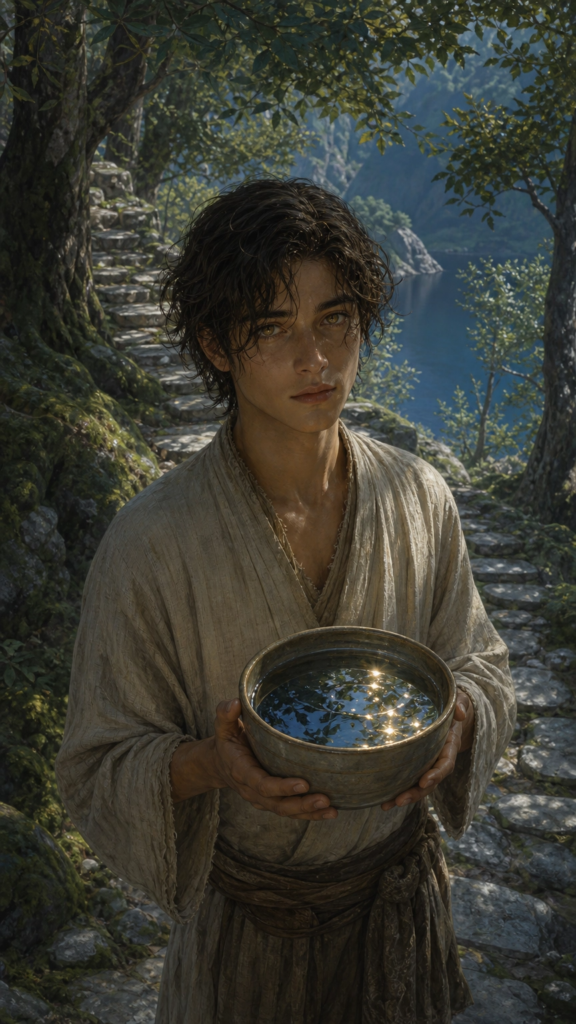 A person standing peacefully on a moss-covered stone path in a lush green forest, holding a small ceramic bowl of clear water.