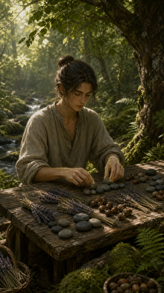 A person in a forest clearing sitting at a rustic wooden table, thoughtfully arranging small river stones and dried herbs into balanced piles.