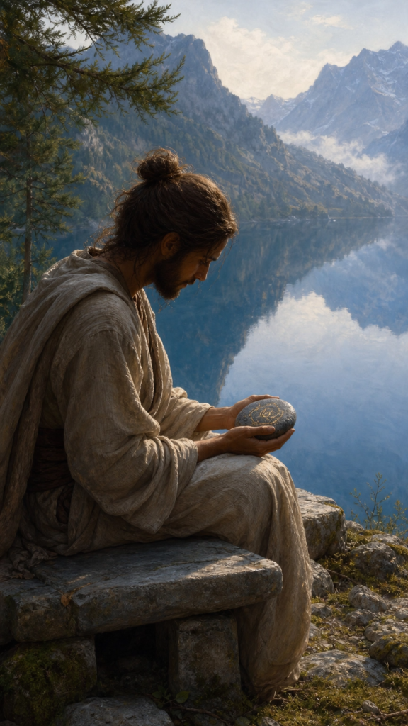 A person in simple linen clothing sitting on a stone bench by a deep, still mountain lake, holding a single smooth river stone and looking at its texture.