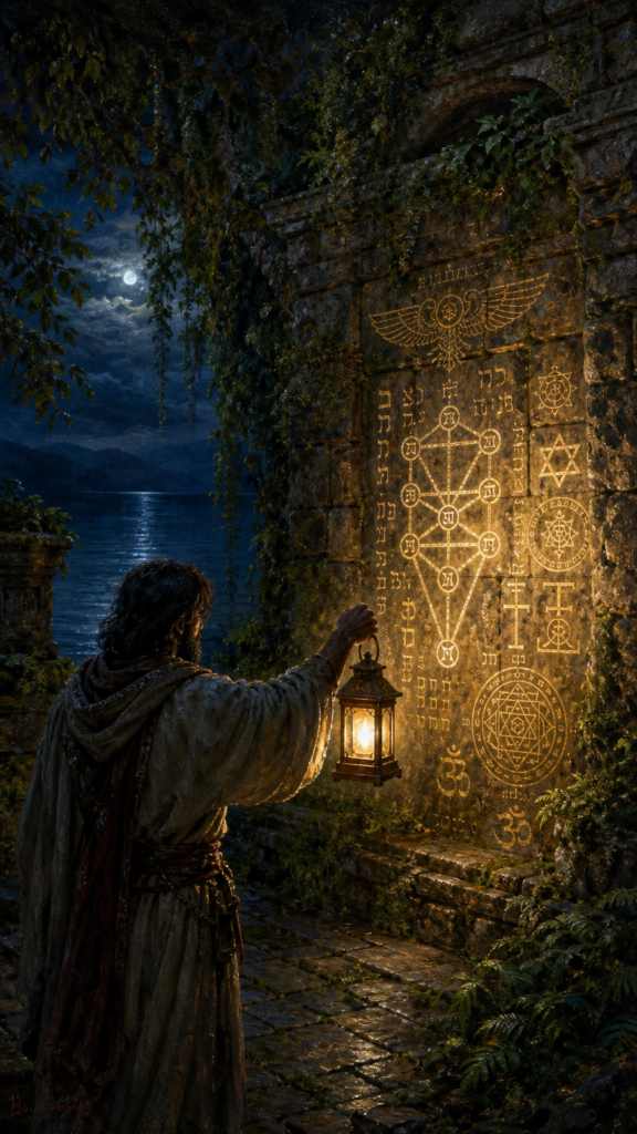 An intricate painterly illustration of a robed figure standing in a stone courtyard, holding a lantern that reveals ancient symbols etched into a dark wall.