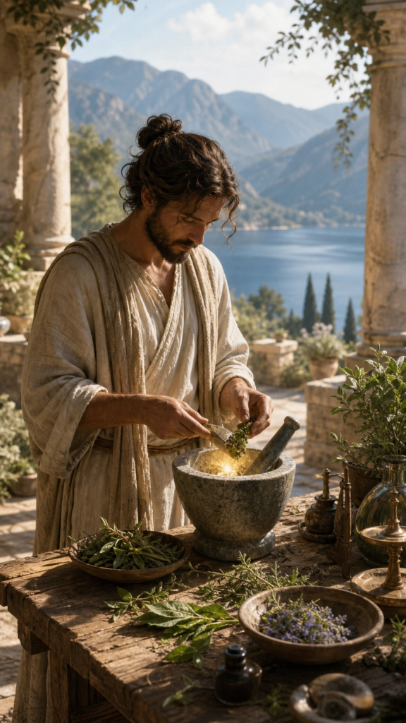 A painterly illustration of a wise figure in a stone courtyard, carefully pouring clear water from an earthenware jug into a golden bowl on a wooden table.