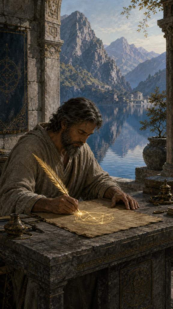 An intricate, painterly illustration of a figure in a stone courtyard using a small gold-tipped quill to write on a heavy parchment, with a serene lake and mountains in the background.