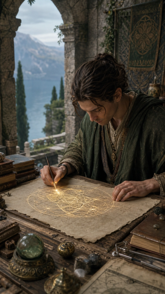 A person in a simple linen tunic sitting at a heavy oak table in a stone courtyard, carefully sketching a geometric blueprint. Natural green vines climb the walls.