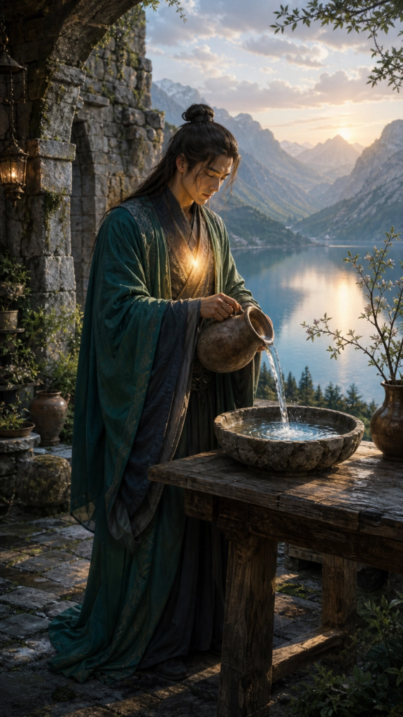 An intricate, painterly illustration of a serene figure standing on a stone courtyard overlooking a deep mountain lake at dawn, gently pouring clear water from an earthy clay vessel into a small stone basin on a wooden table, capturing a moment of conscious harmony.