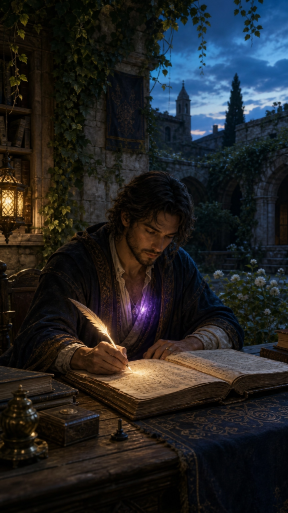 A painterly illustration of a woman in a stone courtyard, sitting at a rustic wooden table, carefully inscribing a glowing golden symbol into a heavy parchment book.