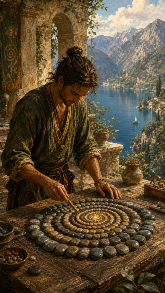 A person in a serene stone courtyard, carefully carving a geometric symbol into a wooden tablet with a small, glowing chisel.