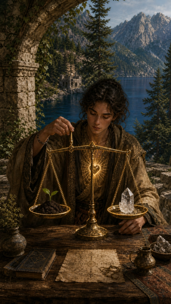 An intricate painterly illustration representing Alchemical Integration, showing a focused figure at a sturdy wooden table balancing natural elements on a classic scale.
