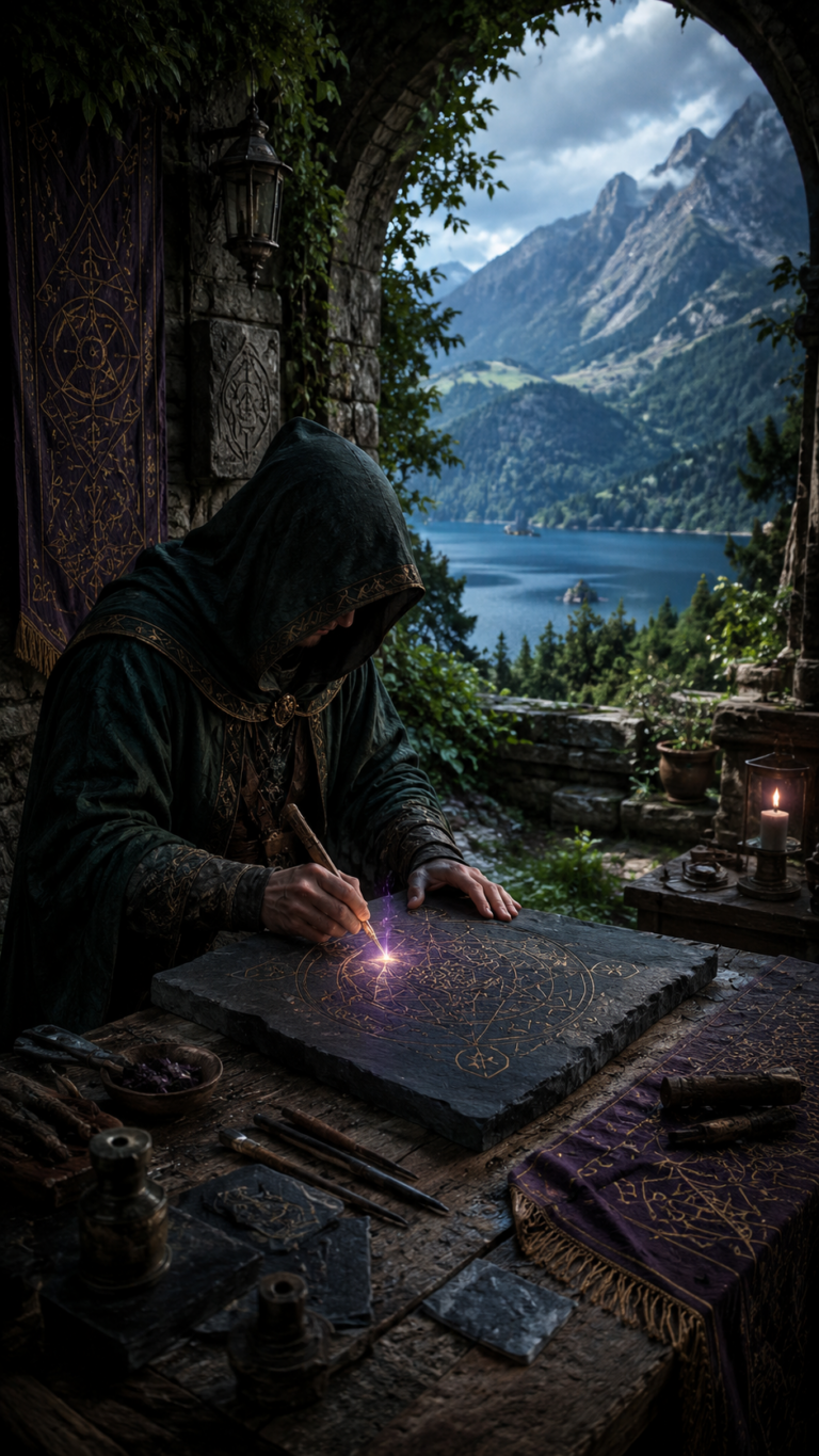 An intricate, painterly esoteric card illustration of a focused craftsman standing at a heavy wooden table in a stone courtyard, carefully carving a golden geometric seal onto a piece of native wood. The background shows deep green forests and rolling hills under a clear blue sky, with subtle violet light illuminating the tip of his carving tool.