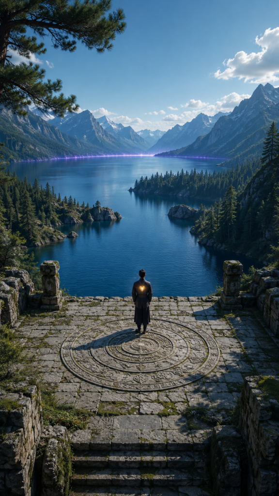An intricate, painterly esoteric card illustration of a person standing firmly on a stone courtyard overlooking a deep blue mountain lake, surrounded by rich green trees, with a subtle golden aura around their heart.