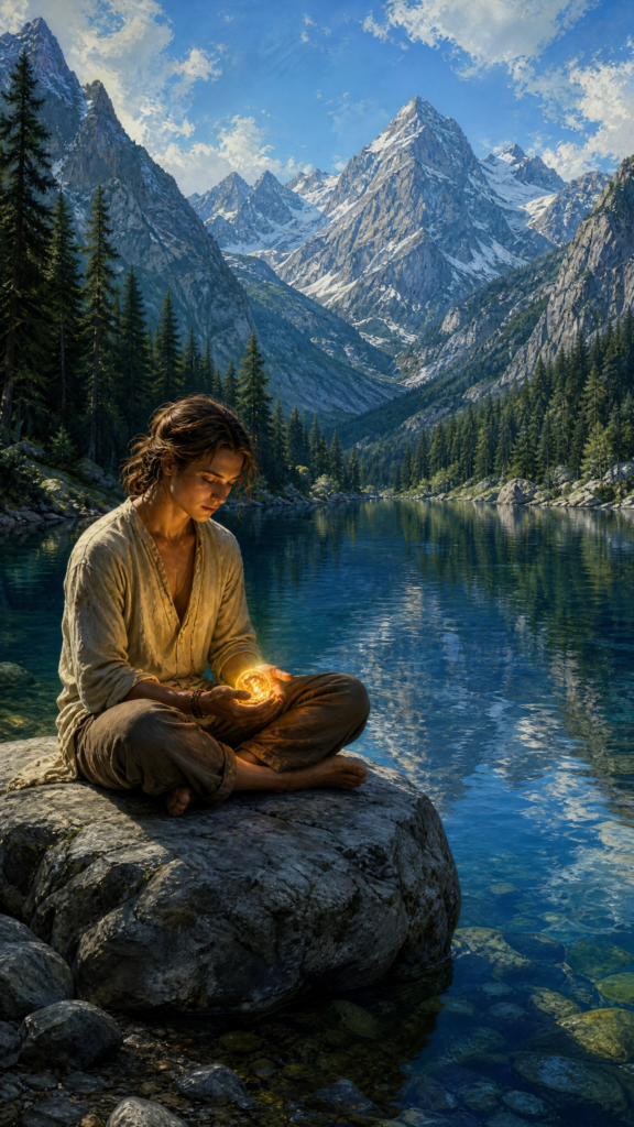 An intricate, painterly illustration of a person sitting quietly on a smooth stone overlooking a deep blue mountain lake surrounded by dense green pine trees, holding a small glowing amber stone in open hands under a clear daylight sky.