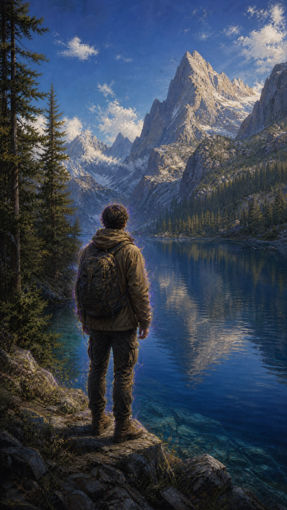 An intricate, painterly illustration of a person standing at the edge of a deep, calm blue alpine lake surrounded by tall green pine trees and dark slate stones. The person is looking out across the water beneath a clear morning sky. A soft, subtle golden glow traces the silhouette of their shoulders and hands.