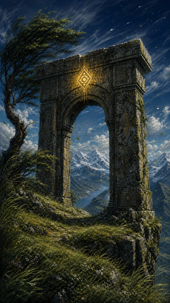 An intricate, painterly illustration of a stone archway standing firm on a green cliffside while wind gently bends the surrounding trees under a deep blue sky.