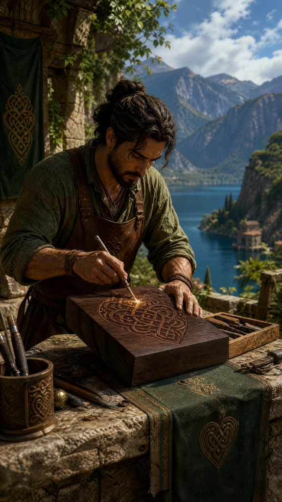An intricate illustration of an artisan at a stone table outdoors, carefully carving precise geometric patterns into a wooden block with green valleys and deep blue mountains in the background.