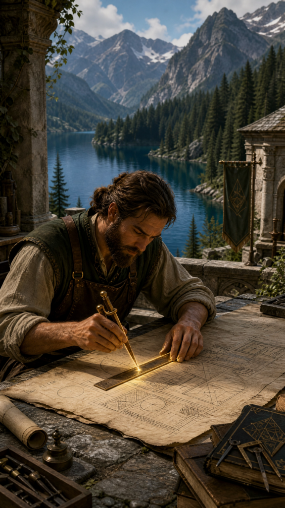 An intricate illustration of an architect sitting at a sturdy stone table outdoors, precisely drawing geometric plans with a wooden compass.