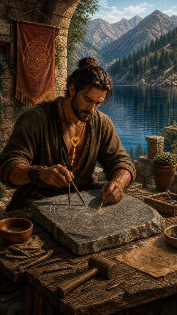 An intricate, painterly illustration of a focused builder sitting at a heavy wooden table in a stone courtyard, carefully carving precise geometric lines into a smooth stone block.