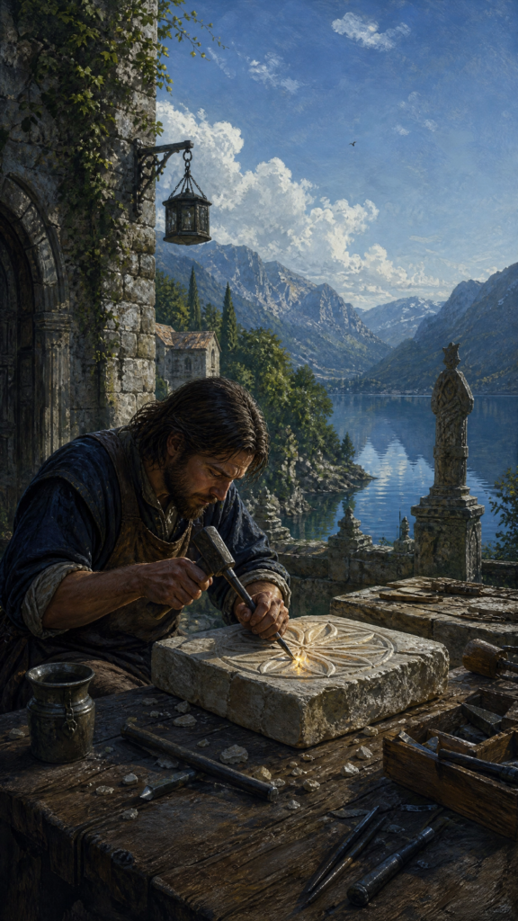 An intricate, painterly illustration of a focused architect working at a rustic wooden table inside a stone chamber, carefully using a brass compass to map geometric architectural blueprints, with deep blue waters visible through the window.