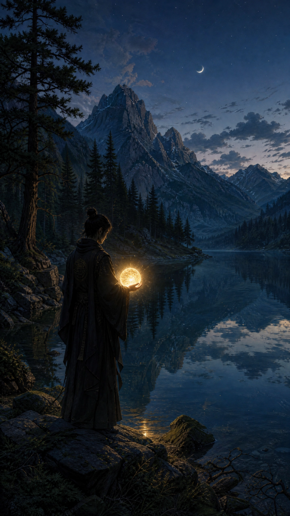 An intricate, painterly esoteric illustration of a person standing at the edge of a deep blue mountain lake surrounded by lush green forests, gently holding a glowing golden sphere of light in their open palms beneath a clear twilight sky.