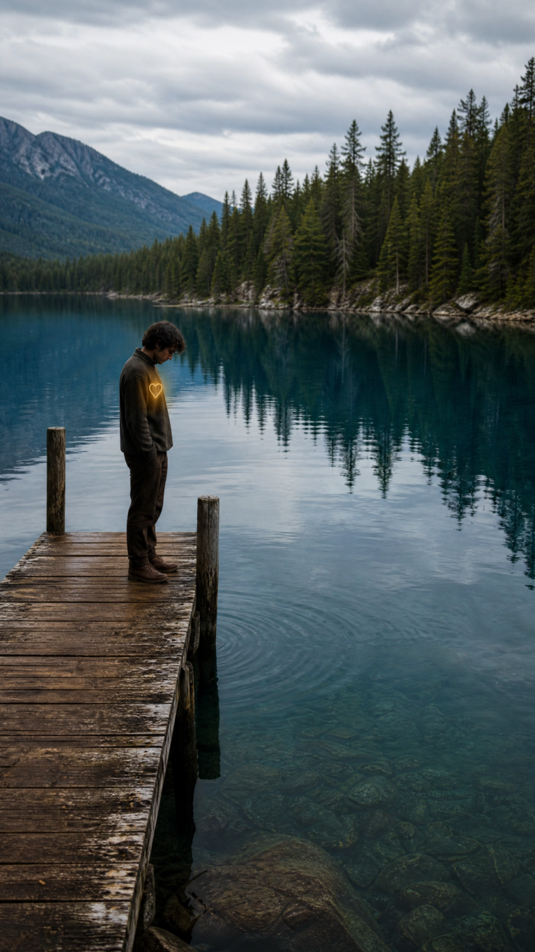 An intricate, painterly illustration of a person standing on a rustic wooden pier, gazing across a calm, deep blue lake surrounded by dense green pine forests under a soft morning sky.