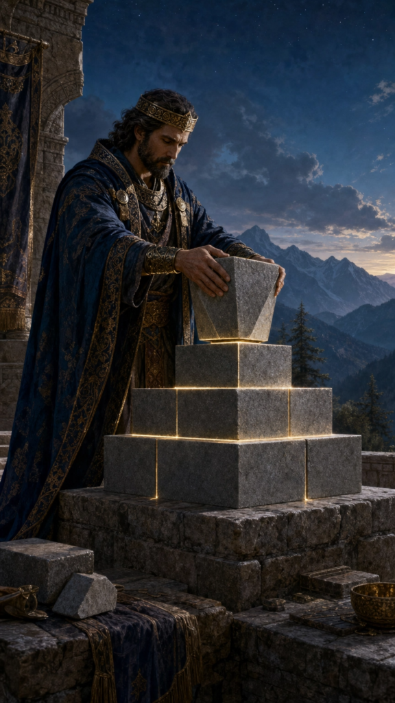 An intricate, painterly illustration representing Resonant Synthesis, featuring a sovereign figure standing in a stone courtyard, carefully stacking precisely cut geometric stone blocks under a deep blue twilight sky.