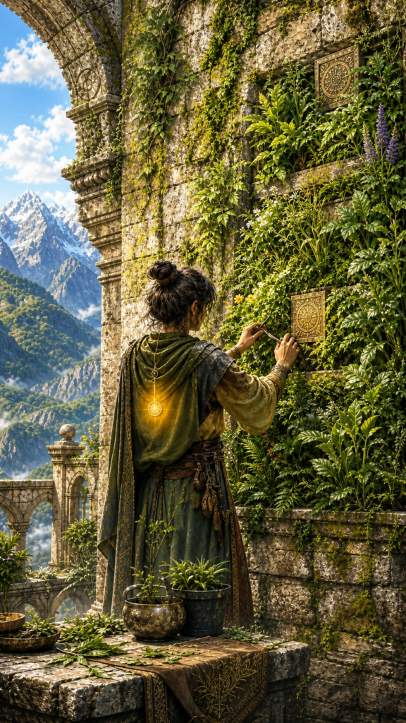 Detailed painterly illustration of a figure standing in a stone courtyard, carefully tending a lush vertical garden on an ancient stone wall.